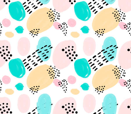 Artistic color brushed pink green yellow circles with black.Hand drawn with ink and marker brush seamless background.Abstract color splush and scribble design.のイラスト素材