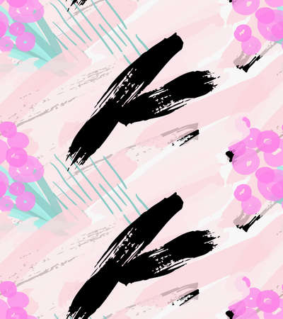 Artistic color brushed pink hatches with black strokes.Hand drawn with ink and marker brush seamless background.Abstract color splush and scribble design.のイラスト素材