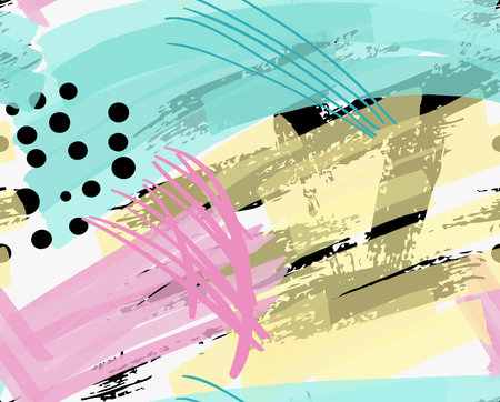 Artistic color brushed yellow pink and green strokes with black dots.Hand drawn with ink and marker brush seamless background.Abstract color splush and scribble design.のイラスト素材