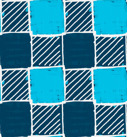 Blue squares with white hatching.Hand drawn with ink and colored with marker brush seamless background.Creative hand made brushed design.のイラスト素材
