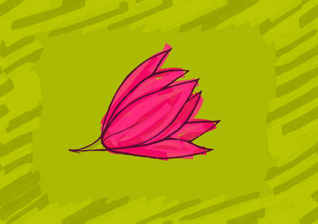 Big pink flower on green.Hand drawn with ink and colored with marker brush seamless background.Creative hand made brushed design.Big flower collection.のイラスト素材
