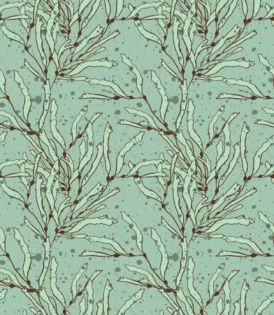 Kelp seaweed green with texture.Hand drawn with ink and colored with marker brush seamless background.Creative hand made brushed design.のイラスト素材