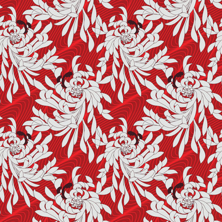 Aster flower on red waves.Seamless pattern. Flower design.