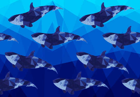 Low poly dark fish on low poly sea.Horizontal seamless pattern. Triangular underwater design. Bright blue pattern.Gradient pattern. The pattern is tiling only in horizontally.のイラスト素材