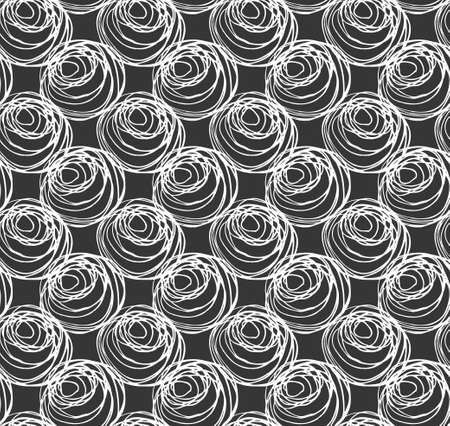 Monochrome scribbles big circles on black.Scribbled in rough ink monochrome geometrical pattern.Hand drawn with ink seamless background.Modern hipster style design.のイラスト素材