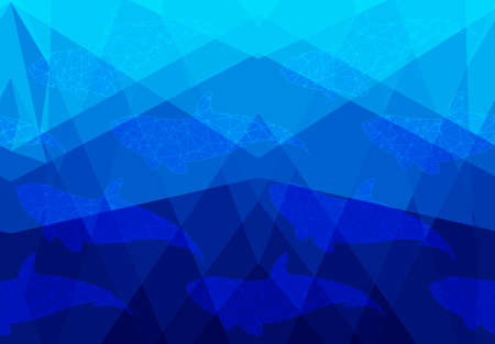 Low poly fish white net on low poly sea.Horizontal seamless pattern. Triangular underwater design. Bright blue pattern.Gradient pattern. The pattern is tiling only in horizontally.のイラスト素材