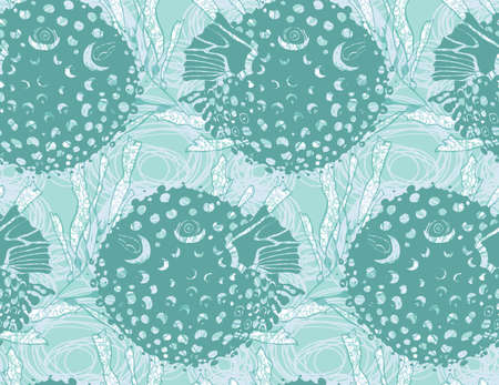 Blowfish green on kelp.Seamless pattern. Sea life. Undewater fabric design.のイラスト素材