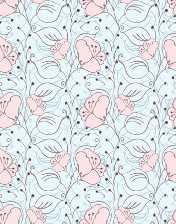 Fabric design flower pink on blue.Hand drawn with ink seamless background.Floral textile pattern.のイラスト素材