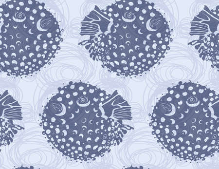 Blowfish blue on scribbled bubbles.Seamless pattern. Sea life. Undewater fabric design.のイラスト素材