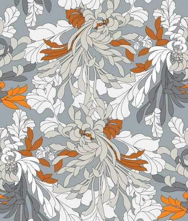 Big aster flowers on gray.Hand drawn floral seamless background.Botanical repainting design for fabric or textile.のイラスト素材