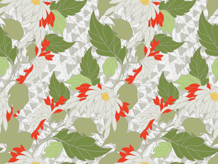 Aster flowers on vine diagonal with green.Hand drawn floral seamless background.Botanical repainting design for fabric or textile.のイラスト素材