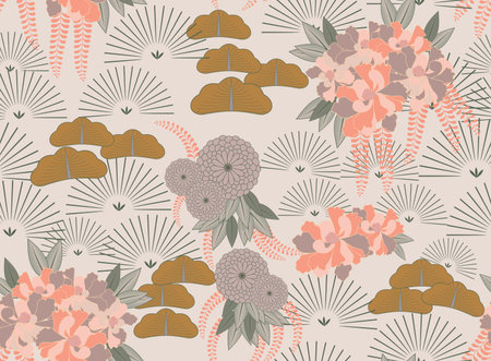 Aster pink flower Japanese garden.Hand drawn floral seamless background.Botanical repainting design...
