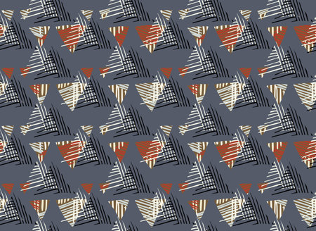 Striped triangles on gray.Hand drawn with ink seamless background.Creative handmade repainting...