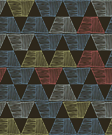 Hatched trapezoids blue red green.Hand drawn with ink seamless background.のイラスト素材