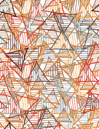 Striped triangles on white overlay.Hand drawn with ink seamless background.Creative handmade repainting design for fabric or textile.Geometric pattern with triangles.Vintage retro colorsのイラスト素材