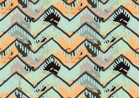 Scribbled circles inked chevron brown green yellow.Hand drawn with ink seamless background.のイラスト素材