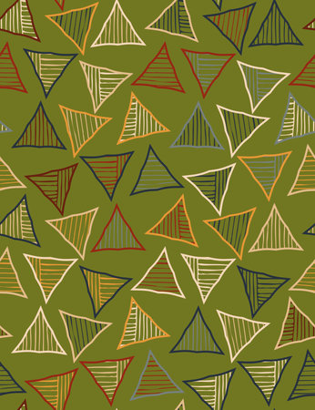 Striped triangles on green.Hand drawn with ink seamless background.Creative handmade repainting...