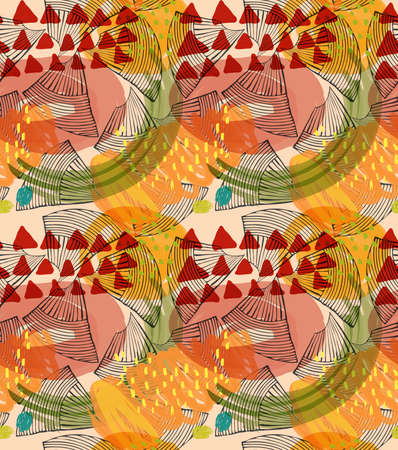 Abstract seashells with red triangles.Hand drawn with ink and colored with marker brush seamless background.Creative hand made brushed design.のイラスト素材