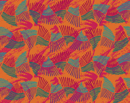 Sea shell peaces pink orange in wavy pattern with texture.Hand drawn with ink seamless background.Creative handmade repainting design for fabric or textile.Geometric pattern made of striped trapezoids forming waves.Vintage retro colors.のイラスト素材