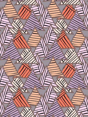 Striped triangles on purple overlapping.Hand drawn with ink seamless background.Creative handmade...