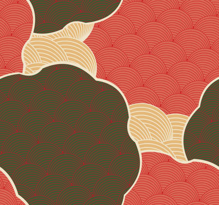 Striped arcs cut in shapes red and brown colors.Hand drawn seamless background. Creative handmade design for fabric textile fashion. Japanese motives in vintage retro colors.のイラスト素材