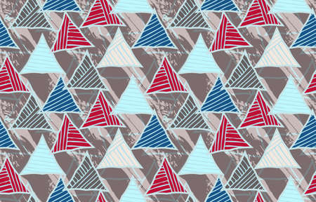 Triangles striped diagonal blue with texture.Hand drawn with ink seamless background.Creative handmade repainting design for fabric or textile.Geometric pattern with triangles.Vintage retro colorsのイラスト素材