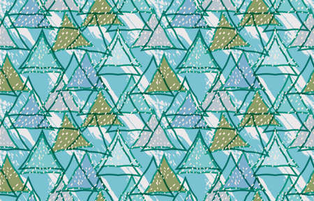 Triangles striped diagonal green with texture.Hand drawn with ink seamless background.Creative handmade repainting design for fabric or textile.Geometric pattern with triangles.Vintage retro colorsのイラスト素材