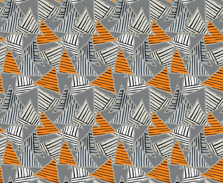 Triangles orange striped with black .Hand drawn with ink seamless background.Creative handmade...