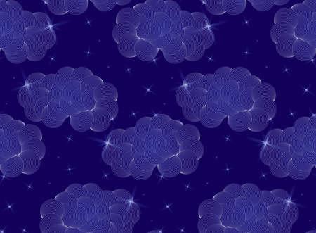 Vector seamless pattern with stars clouds and sky.Abstract night seamless background. Repainting pattern with deep blue skyのイラスト素材