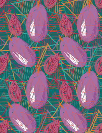 Purple scribbled plums on green triangles.Hand drawn with ink and colored with marker brush seamless background.Creative hand made brushed design.のイラスト素材