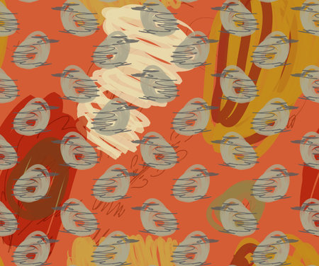 Rough sketched birds on orange.Hand drawn with ink and marker brush seamless background.Ethnic...