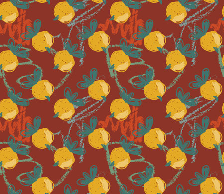 Rough sketched yellow berries.Hand drawn with ink and marker brush seamless background.Ethnic...