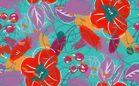 Abstract scribbles with red flower and berries.Hand drawn with ink and marker brush seamless...