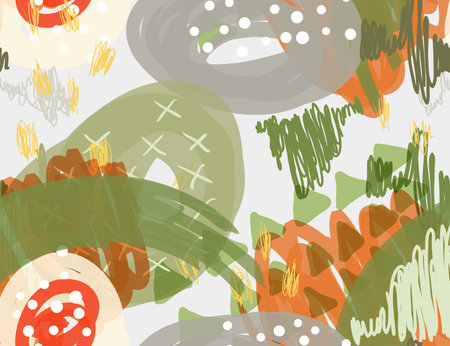 Abstract marker scribbles dots and triangles white.Creative abstract colorful seamless pattern....