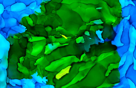 Green blue paint uneven texture.Colorful background hand drawn with bright inks and watercolor paints. Color splashes and splatters create uneven artistic modern design.の写真素材