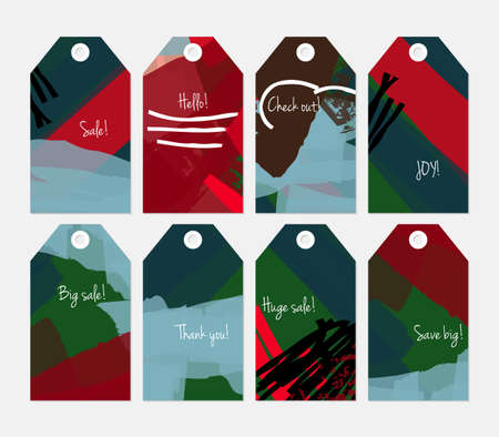 Abstract rough grunge strokes green red blue tag set.Creative universal gift tags.Hand drawn textures.Ethic tribal design.Ready to print sale labels Isolated on layer.のイラスト素材