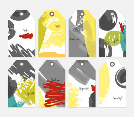 Abstract rough grunge strokes yellow gray white tag set.Creative universal gift tags.Hand drawn textures.Ethic tribal design.Ready to print sale labels Isolated on layer.のイラスト素材