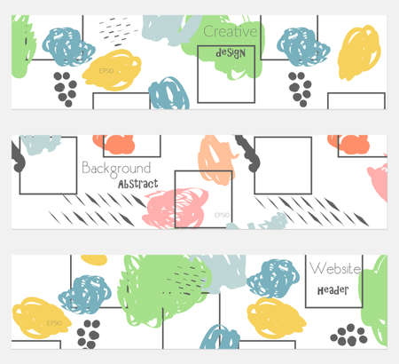 Geometrical squares and scribbles banner set.Hand drawn textures creative abstract design. Website header social media advertisement sale brochure templates. Isolated on layerのイラスト素材