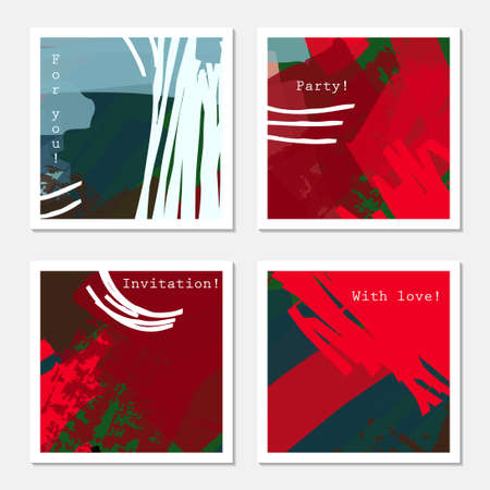 Rough strokes red white green.Hand drawn creative invitation greeting cards. Poster, placard, flayer, design templates. Anniversary, Birthday, wedding, party cards set of 4. Isolated on layer.のイラスト素材