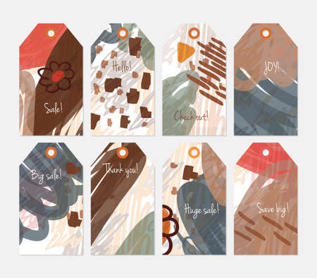 Marker scribbled brown with flower tag set.Creative universal gift tags.Hand drawn textures.Ethic tribal design.Ready to print sale labels Isolated on layer.のイラスト素材