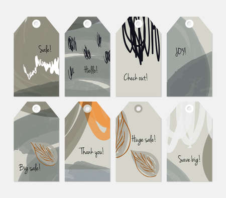 Seasonal with sketched leaf gray tag set.Creative universal gift tags.Hand drawn textures.Ethic tribal design.Ready to print sale labels Isolated on layer.のイラスト素材
