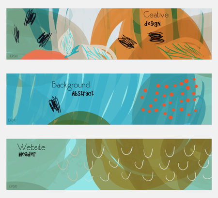 Roughly drawn leaves blue banner set.Hand drawn textures creative abstract design. Website header...