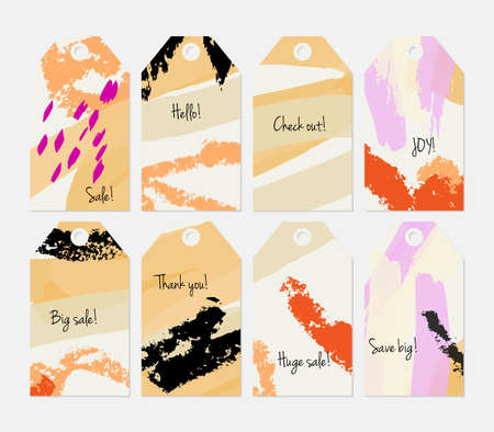 Crayon textured strokes and marker cream orange tag set.Creative universal gift tags.Hand drawn textures.Ethic tribal design.Ready to print sale labels Isolated on layer.のイラスト素材