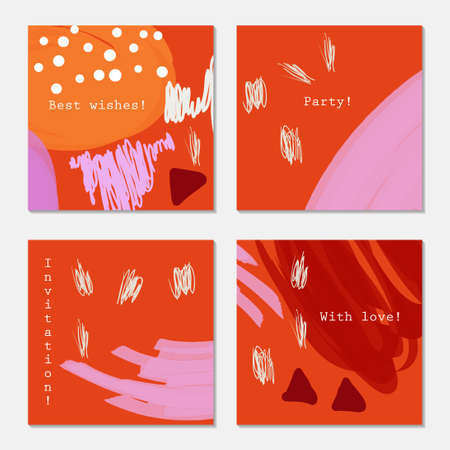 White dots and triangles on orange.Hand drawn creative invitation greeting cards. Poster, placard, flayer, design templates. Anniversary, Birthday, wedding, party cards set of 4. Isolated on layer.のイラスト素材