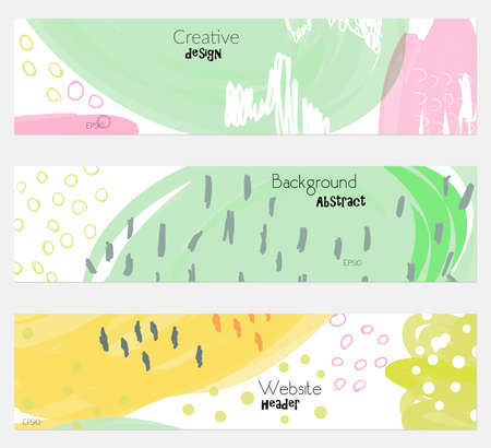Doodled circles scribbles strokes green white banner set.Hand drawn textures creative abstract design. Website header social media advertisement sale brochure templates. Isolated on layerのイラスト素材