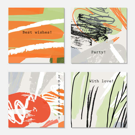 Grunge texture rough strokes orange green black.Hand drawn creative invitation greeting cards. Poster, placard, flayer, design templates. Anniversary, Birthday, wedding, party cards set of 4. Isolated on layer.のイラスト素材