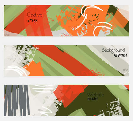 Grudge textured strokes red green banner set.Hand drawn textures creative abstract design. Website header social media advertisement sale brochure templates. Isolated on layerのイラスト素材