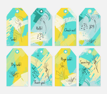 Floral seasonal with sketched dandelion yellow green tag set.Creative universal gift tags.Hand drawn textures.Ethic tribal design.Ready to print sale labels Isolated on layer.のイラスト素材