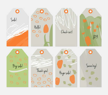 Doodled circles marker brush scribbles and marks green gray tag set.Creative universal gift tags.Hand drawn textures.Ethic tribal design.Ready to print sale labels Isolated on layer.のイラスト素材