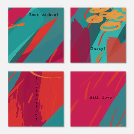 Marker brushed with strokes red green.Hand drawn creative invitation greeting cards. Poster, placard, flayer, design templates. Anniversary, Birthday, wedding, party cards set of 4. Isolated on layer.のイラスト素材